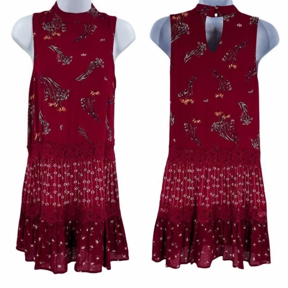 2/$30 Love Fire Red Mock Neck Sleeveless Floral Dress Women's Size X-Small XS